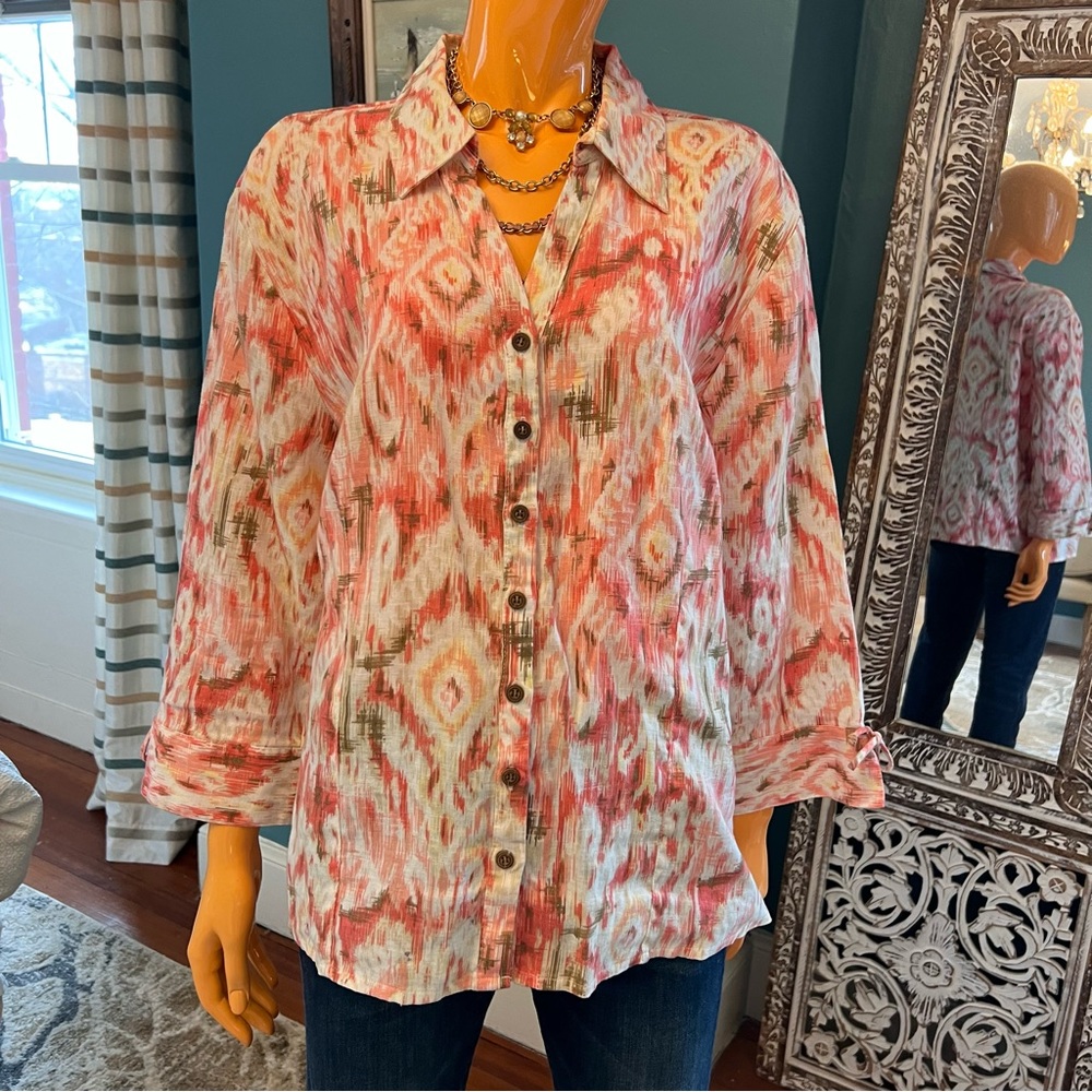 JM COLLECTION Ikat Print Linen Look Blouse